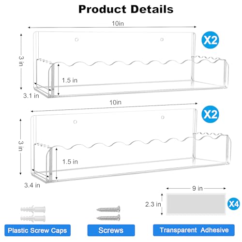 10 inch Spice Rack Wall Mounted,4 Pack Spice Organizer Shelf for Stove Cabinet Pantry Door, Adhesive or Screw Hanging Wall Spice Shelf Storage Holder in Kitchen and RV - Clear Color - color: Clear, size: 10"