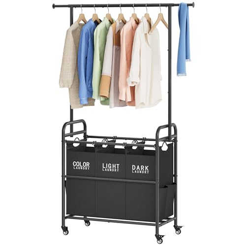 Tajsoon Laundry Sorter Cart with Hanging Rack, Laundry Sorter 3 Section, Laundry Hamper with Heavy Duty Rolling Lockable Wheels, Black - color: Black, size: 3 bag