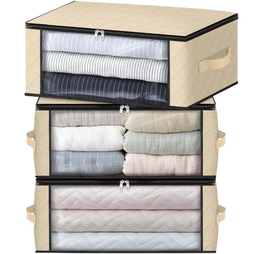 HomeHacks Storage 3-Pack Clothes Organizer Storage Bags Foldable Storage Box with Large Clear Window Sturdy Handles for Closet, Dorm, Pillows, Bedding, Clothes, Blankets, 35L, Beige - color: Beige
