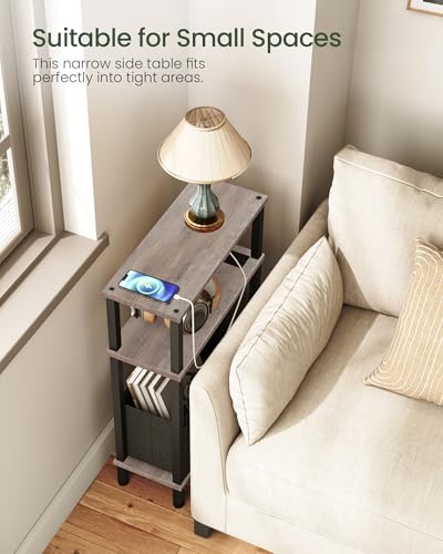 CHOEZON Small Narrow Side Table with Charging Station, Skinny End Table with Fabric Basket, Slim Nightstand for Small Spaces, Sofa Side Table, for Living Room, Bedroom, Greige and Black TBZ07UFH - color: Greige + Black