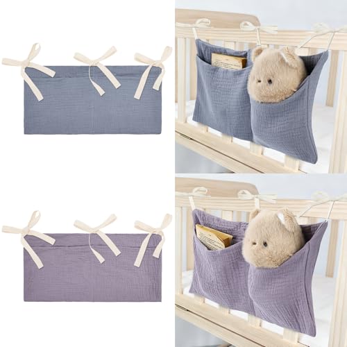 Cinaci 2pcs Cotton Pram Stroller Caddy Baby Crib Hanging Organizers Storage Pockets Nappy Diaper Bags Bedside Pockets for Milk Bottle/Soothing Toys/Wipes (Gray+Purple Set) - color: Gray+Purple Set