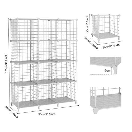 12-Cube Storage Organizer, Metal Wire Cube Shelving Unit, 11.8" L x 11.8" W x 11.8" H, Modular Grid Bookshelf for Closet, Bedroom, Office, White ATTJL12W - color: White