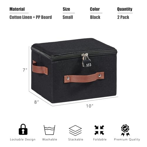 2PCS Storage Bins Boxes with Zipper Lid Combination Lock PU Leather Handles Cotton Linen Fabric Lidded Lockable Baskets Foldable Washable Closet Shelf Organizer Container (Black, Small) - color: Black, size: Small ( Set of 2 )