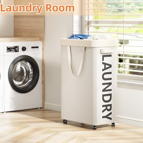 Optish Laundry Basket with Wheels, 90L Rolling Laundry Hamper with Wheels, Large Clothes Hamper on Wheel with Removable Mesh Bag for Bedroom, Bathroom, Dorm, White - color: White