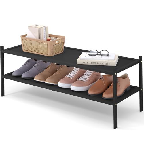 Smiry Bamboo Long Shoe Rack, 2 Tier Shoe Organizer for Entryway & Closet, Stackable Free Standing Storage Shelf for Shoes, Bags & Plants, Black - color: Black, size: 2 Tier - Long