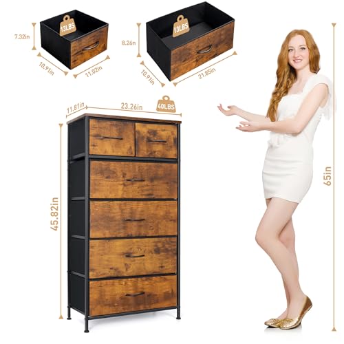 Mifuro Tall Dresser for Bedroom, Vertical Storage Organizer Tower with 6 Drawers, Chest of Drawers with Fabric Bins, Steel Frame, Wood Top for Bedroom, Closet, Entryway- Rustic Brown - color: Rustic Brown, size: 6 Drawers