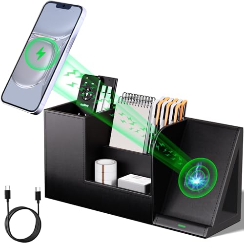 LADSTAG Pen Organizer with Phone Stand,Black Vegan Leather Desk Organizers with Remote Control Holder,Pencil Holder for Desk,Desk Organizer with Phone Charger for Office/Nightstand/Endtable - color: Black, size: L