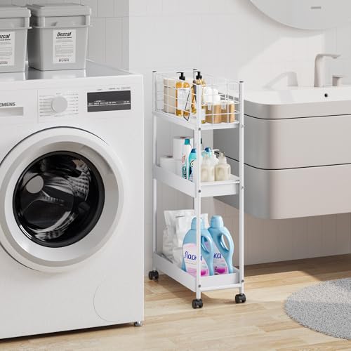 KINGRACK Slim Rolling Storage Cart 3 Tier - Heavy Duty Metal Utility Cart with Raised Edge & Wheels, Narrow Small Mobile Organizer Shelves for Bathroom, Kitchen, Laundry, Office, Living Room, White - color: White, size: 3-Tier