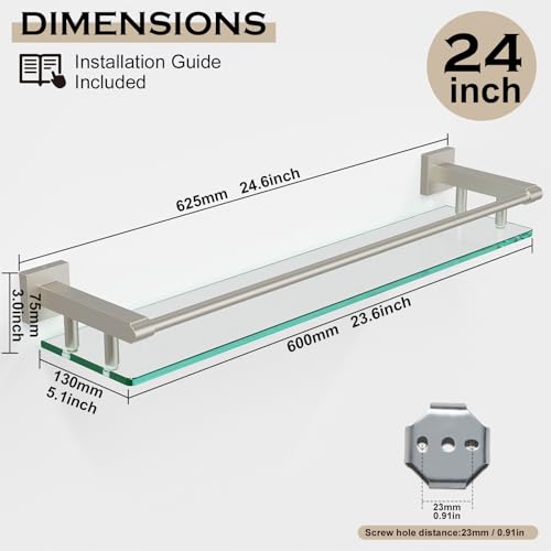 Glass Shelf for Bathroom Wall Sheves 24 inch Rectangular Stainless Steel Tempered Glass Modern Stainless Steel Wall Mount Accessories Organizers Storage (Brushed Nickel, 24‘’) - color: Brushed Nickel, size: 24'' with Railing