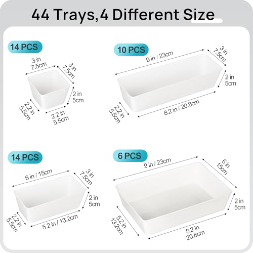 Vtopmart 44 PCS Plastic Drawer Organizers Set, 4-Size Versatile Bathroom and Vanity Organizer Trays, Non-Slip Storage Containers for Makeup, Jewelries, Bedroom，Kitchen Utensils and Office, White - color: White