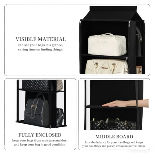 8 Grids in 1 Rotatable Hanging Purse Handbag Organizer with Double Zippers, Visible Purse Organizer for Closet, Fully Enclosed Handbag Storage Holder-Black - color: Black, size: Rotatable