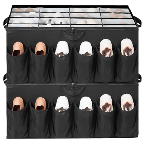 Shoe Organizer for Closet, Shoe Storage Solution with Clear Cover & Adjustable Dividers, Fabric Shoe Box Fits 16 +12 Pairs Shoes, Black, 2-Pack - color: Black, size: 2 Pack Large