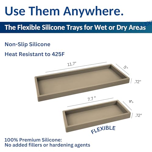 Spacewiser Countertop and Vanity Tray - 2 PC (11” and 7”) Shatterproof Silicone Kitchen and Bathroom Trays for Counter, Kitchen Soap Dispenser Tray, Vanity Trays for Bathroom, Perfume Key Tray - color: Coastal Sand, size: Set‐ 1 Small + 1 Large