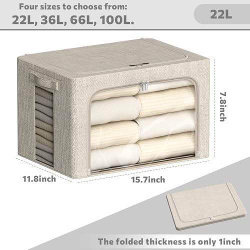 FHSQX 6 Pack Clothes Storage Bins with Metal Frame Foldable Storage Bins for Clothes Linen Fabric Storage Box with Clear Window (Beige, 15.7x11.8x7.8inch(22L)) - color: Beige, size: 15.7x11.8x7.8inch(22L)