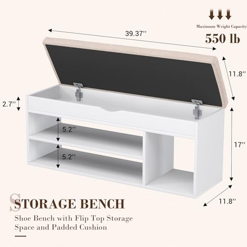 Apicizon 39 Inches Storage Bench with Padded Cushion, Shoe Bench with Storage Space, Upholstered Entryway Bench for Living Room, 2-Tier Shoe Rack Organizer, White - color: A-white, size: 39 Inch