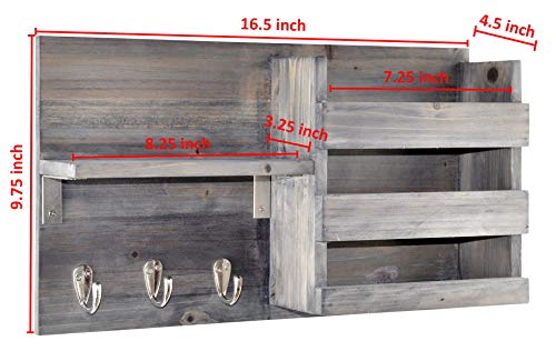 Spiretro Wall-Mounted Key Holder Hooks - Rustic Wood Weathered Grey & Black - Entryway Organizer for Mail, Leashes, and Purses - Floating Shelf, 16.5” W x 9.75" H x 4.5” D - color: Weathered Grey & Black Organizer & Wood Shelf