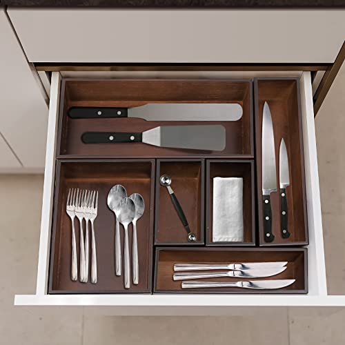 PRATIQUE Bamboo Drawer Organizer - Kitchen Utensil Organizer Silverware Tray Cutlery Holder，Office Desk Supplies and Accessories,8.9 * 3 * 2.6,Nut-brown - color: Nut-brown, size: 8.9*3*2.6 inch
