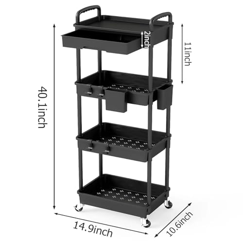 4 Tier Rolling Utility Cart with Drawer, Plastic Storage Organizer Rolling Carts with Wheels Handles Hanging Cups Hooks for Office, Bathroom, Kitchen,Craft Art Room (Black) - color: Black, size: 4-Tier