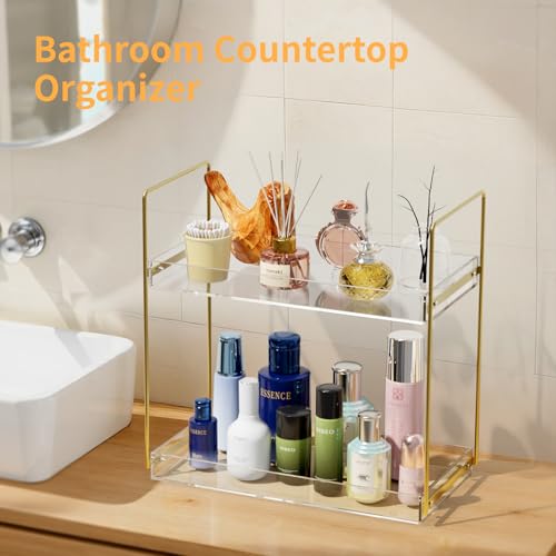 Bathroom Countertop Organizer, 2 Tier Acrylic Tray Vanity Counter Skincare Organizer Shelf, Kitchen Under Sink Standing Rack, Home Storage Holder for Lotion Makeup Cosmetics Perfume Spice, Gold - color: Gold, size: 2 Tier