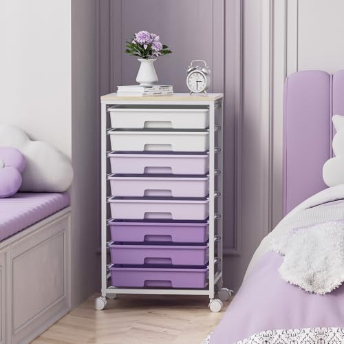 SYKIARIOL Rolling Cart with Drawers,Utility Cart With 8 Drawers and Wooden Tabletop for Living Room,Classroom,Bedroom,Bathroom,Dorm,Office,Purple - color: Purple