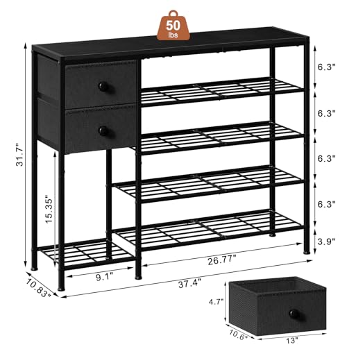 5-Tier Shoe Rack with 2 Fabric Drawers, Metal Frame and Wooden Board Shoe Organizer for 16-20 Pairs of Shoes, Shoe Shelf with Boots Storage for Entryway Closet Black - color: Black