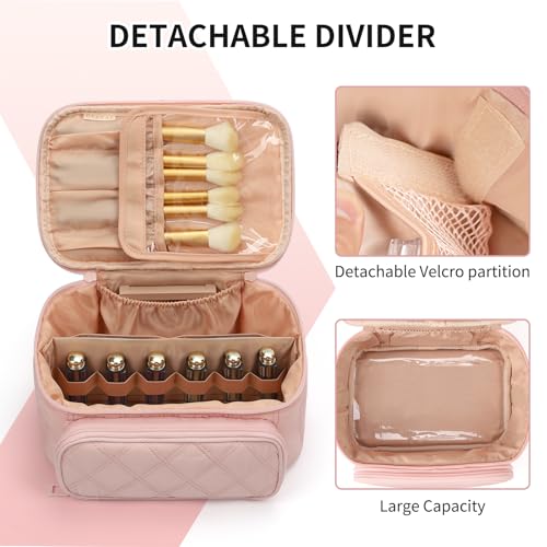 OCHEAL Makeup Bag, Multifunctional Make Up Bags Large Compact Makeup Bag Organizer Cosmetics Toiletry Brushes Storage Makeup Case with Handle for Women Girls Makeup Case with Handle-Pink - color: 0020_Pink with front pocket, size: Medium