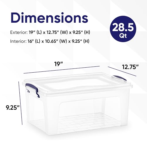 Superio Clear Plastic Storage Bin with Lid, 28 Quart Organizing Container, Latch Box, Stackable Plastic Tote for Household, Garage, School, and Office- Store Shoes, Clothing, Crafts, and Accessories - size: 19" x 12.5" x 9.25"
