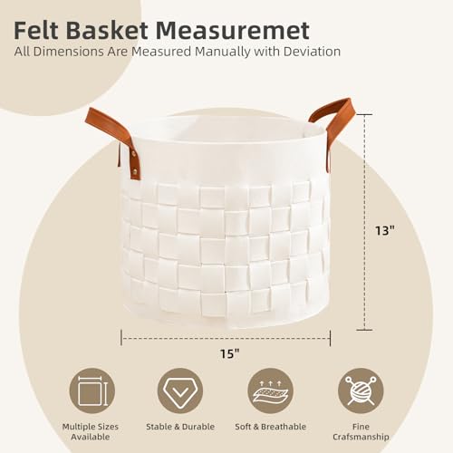 BOLDMONKEY Blankets Basket 15" x15 " x13 " 2 Pack, Round Laundry Hamper with Leather Handle, Soft Dog Toy Basket for Storage-Beige - color: Beige