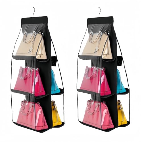 HAN SHENG 6 Pockets Clear Handbag & Purse Organizer Hanging Bag Storage - Space Saving Hanging Shelf for Closet, Wardrobe, Over Door (2 Pack, Black) - color: Black, size: 6 Pockets-2pcs