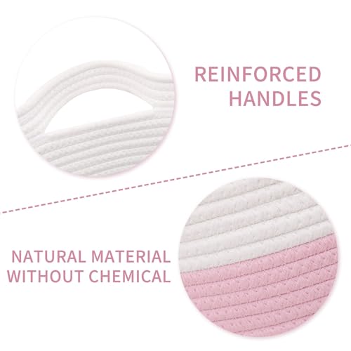 Large Cotton Rope Basket, Woven Storage Basket for Toy, Laundry and Blanket Organizer, Round Hamper Basket with Handles for Kid's Room 17.7"x16.9" - color: pink, style: Minimalist
