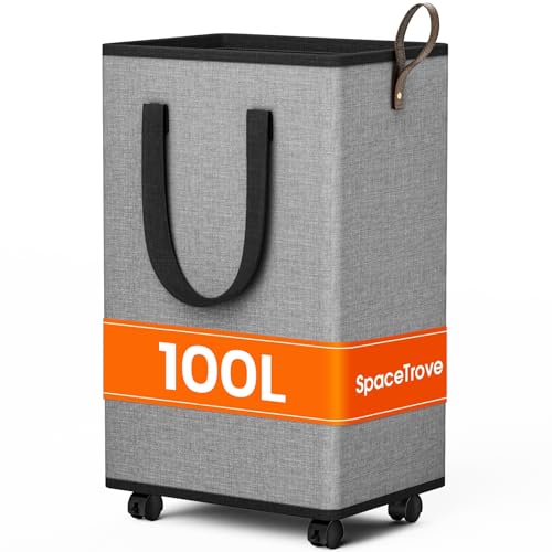 SpaceTrove Laundry Basket with Wheels, Collapsible Laundry Baskets, Laundry Hamper with Handles Detachable Wheels, Rolling Laundry Basket, Dirty Clothes Hamper for Bathroom, Dorm, Bedroom, Grey, 100L - color: Grey, size: 100L