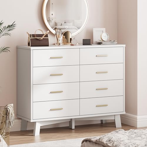Xixini Dresser for Bedroom, 8 Drawer Wide Modern Chest of Drawers with X-Shaped Sturdy Base, Wood Double Dresser Closet Clothes Storage Organizer, Wooden TV Stand for Living Room, Hallway, White - color: White, size: 15.6"D x 47.2"W x 37.2"H (8 Drawers)