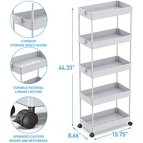 SPACEKEEPER 5-Tier Rolling Cart, Bathroom Storage Organizer Utility Cart, Mobile Shelving Unit Slide Out Shelves for Kitchen Living Room Laundry Room & Dressers,Gray - color: Grey, size: 5 Tier