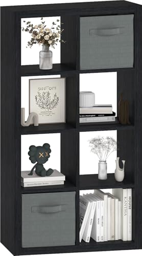 Bookshelf Cube Storage Organizer, 8-Cube Shelf Bookcase with Storage Bin, Modern Wood Open Shelf for Living Room, Bedroom, Home Office,Black - color: Black, size: 8cube