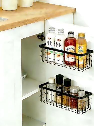 Hanging Wire Storage Baskets, Metal Small Wire Wall Organizer, Adhesive Wall Storage Shelves for Kitchen, Bathroom Pantry (Spice Rack, Cabinet Organizer, Shower Caddy) Black-2 Packs - color: Black