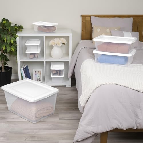 Sterilite 30 Pack Storage Box, 12 Quart Stackable Tote, Clear Plastic Container with Secure Snapping Lids for Home and Office Organization, White - size: 12 Quart, style: 30