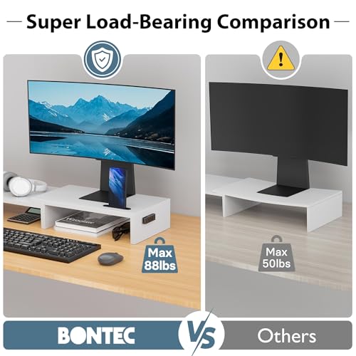 BONTEC Dual Monitor Stand Riser with Smartphone Holder, Adjustable Length & Swivel Angle, Ergonomic Wooden Desktop Organizer for PC Monitor, Laptop, Printer, Large Storage, White - color: White
