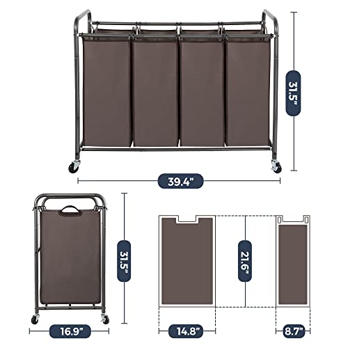STO STO Laundry Sorter 4 Section, 4 Bag Clothes Hamper, Rolling Laundry Cart Basket with Heavy Duty Lockable Wheels and Removable Bag for Laundry Room, Bedroom, Closet, Brown - color: Brown, size: 4-Section