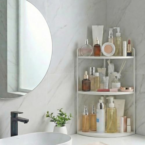 3 Tier Corner Bathroom Counter Organizer, Countertop Organizer, Makeup Organizer Countertop, Bathroom Storage Sink Shelf, Wooden and Metal Counter Shelf (Large Capacity-White) - color: White