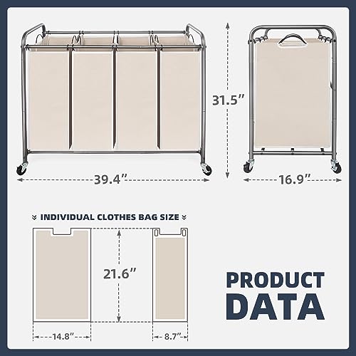 STO STO Laundry Sorter 4 Section, 4 Bag Clothes Hamper, Rolling Laundry Cart Basket with Heavy Duty Lockable Wheels and Removable Bag for Laundry Room, Bedroom, Closet, Beige - color: Beige, size: 4-Section