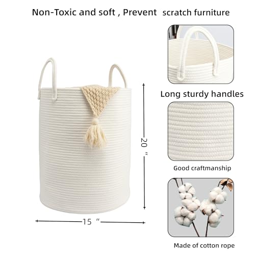 Woven Cotton Rope Laundry basket-15”X20” Laundry Hamper-Rope Storage Basket for Dirty Clothes, Toys and Blankets Perfect for Bathroom, Baby nursery and Living Room Storage (white) - color: white, size: regular