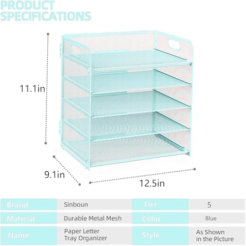 Letter Tray Paper Organizer 5-Tier Desk Organizer File Organizer Paper Holder with Handle, Metal Desktop Document Shelf Tray Office Classroom Organization - Blue - color: Blue