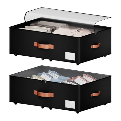 Underbed Storage With Wheels,Large Capacity 10 inches Height Storage Bins,Rolling Underbed Shoe Storage Containers,Underbed Storage Drawers for clothes & blankets (black, 10inch height) - color: black, size: 10inch height