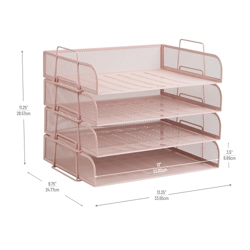 Mind Reader Stackable Paper Tray, Desktop Organizer, File Storage, Office, Metal Mesh, 4 Pcs., Pink (Pack of 4) - color: Pink, size: 13.3" x 9.8" x 11.3" (Pack of 4)