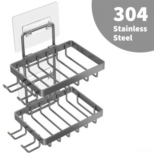 Moforoco Grey Double Soap Bar Holder for Shower, No Drilling, 304 Rustproof Stainless Steel, Wall Mounted Soap Holder with 4 Hooks and Razor Holder, Shower Rack Soap Tray Bar Soap for Bathroom - color: Grey, size: 2-T