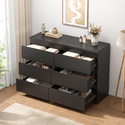 Jocoevol Modern Black 6 Drawer Dresser - Simply Chest of Drawers for Bedroom, Closet, Living Room, Hallway, Entryway, Wood Storage Double Dresser with Smooth Metal Rails - Black - color: Black