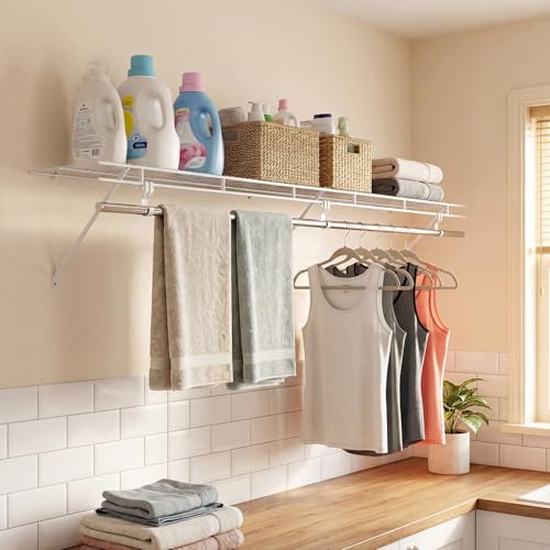 COSTWAY Closet Shelves Wall Mounted, Closet Shelf with Hanging Rod, Ventilated Metal Wire Shelving Kit, Wire Wall Shelf for Laundry Room, Bedroom, Home, Mounting Accessories Included (6 ft x 12 in) - size: 6 ft x 12 in