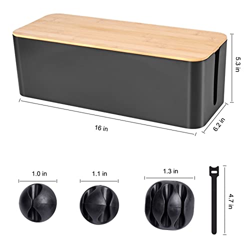 Cable Management Box - Wooden Style Large Cord Organizer to Hide Wires & Power Strips | Desk Computer Cable Organizer | Safe ABS Material | 16" (L) x 6.2" (W) 5.3" (H) | for Home & Office - Black - size: Large