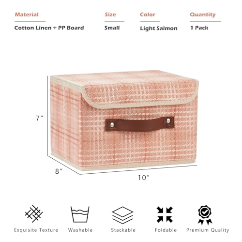 Storage Boxes with Lid 3D Textured Fabric Storage Bins Closet Organizer Containers Decorative Collapsible Washable Shelf Baskets with Faux Leather Handles (Light Salmon, Small Size) - color: Light Salmon (3D Textured), size: Small (Set of 1)