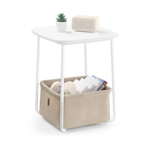VASAGLE LILEA Collection - Side End Table with Fabric Basket, Modern Nightstand, Square Bedside Table, for Living Room, Bedroom, Matte White and Camel Brown ULET229W10 - color: Matte White + Camel Brown, size: Square + 1 pack